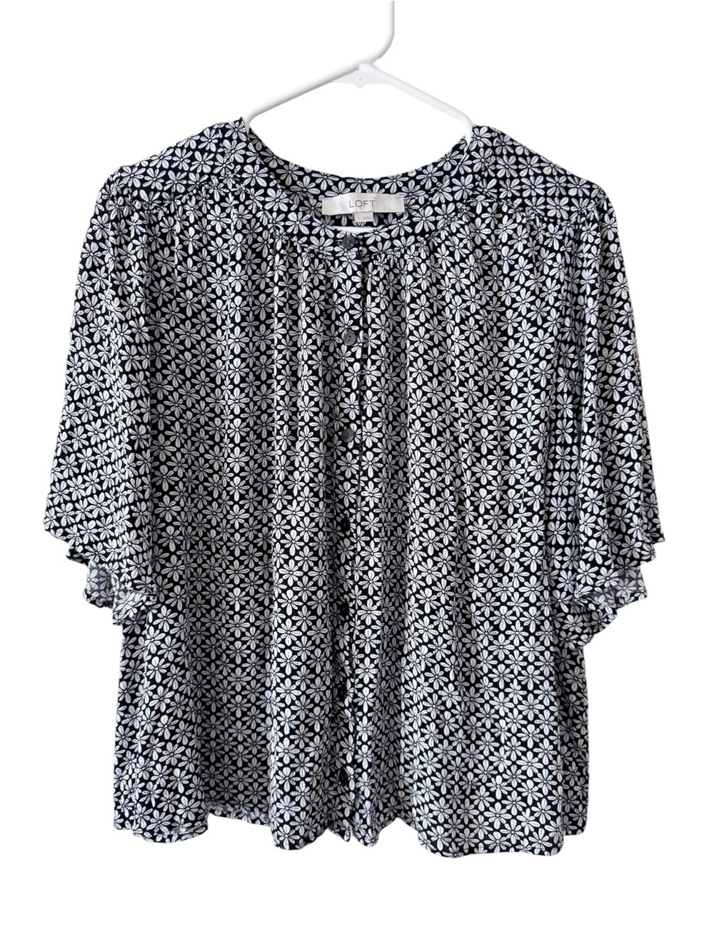 LOFT Black and White Floral-Geo Short Sleeve Blouse
